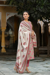 Women Cotton Grey Ethnic Motifs Printed Straight Kurta Trousers And Dupatta Set